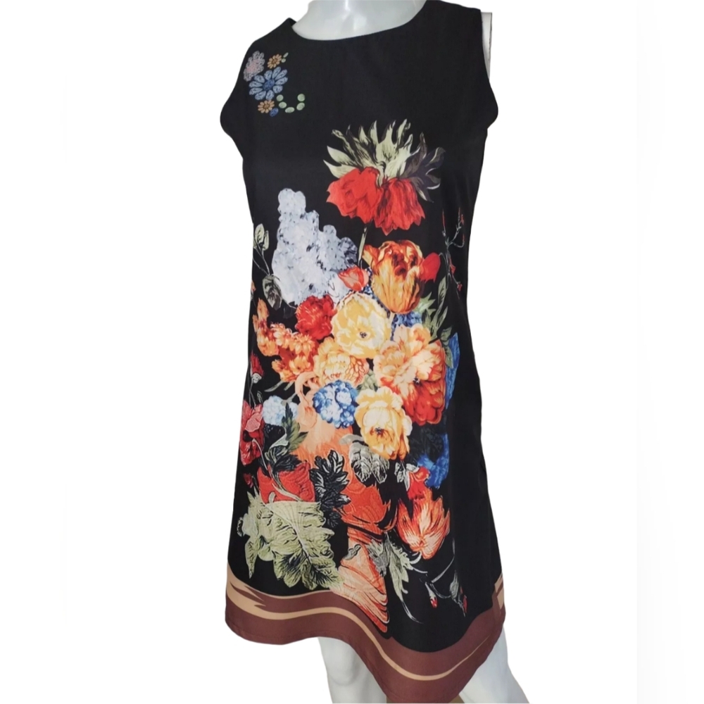 ZARA Midi Dress Women Small Black Floral Round Neck Sleeveless a Line Pocketsโ
